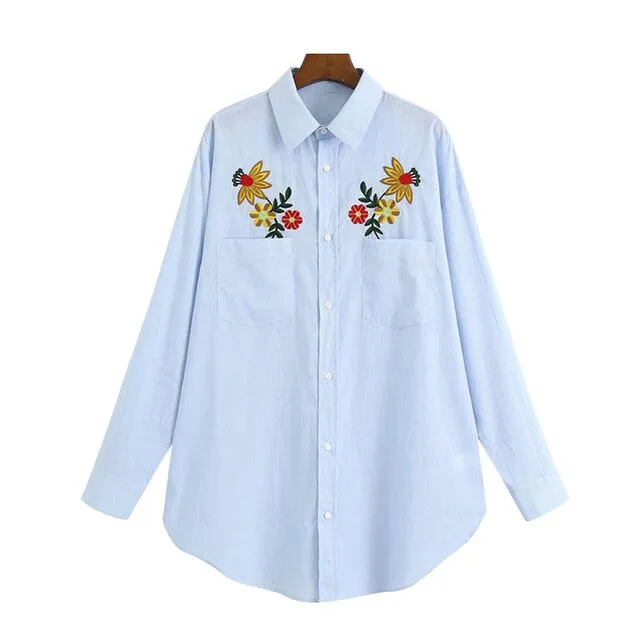 FLORAL EMBROIDERY STRIPED SHIRT