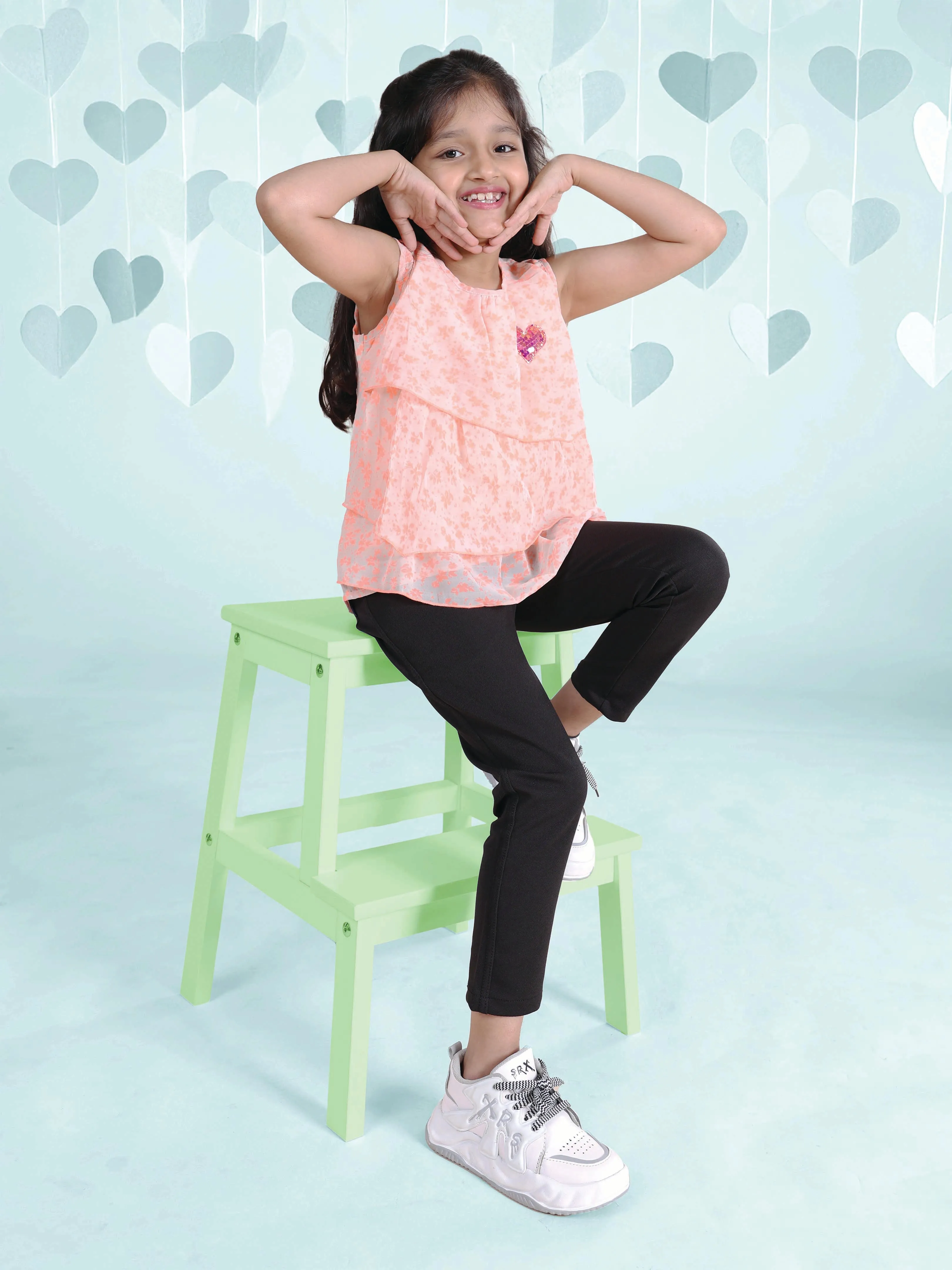 Girls Flower AOP Print Sleeveless Layered Top