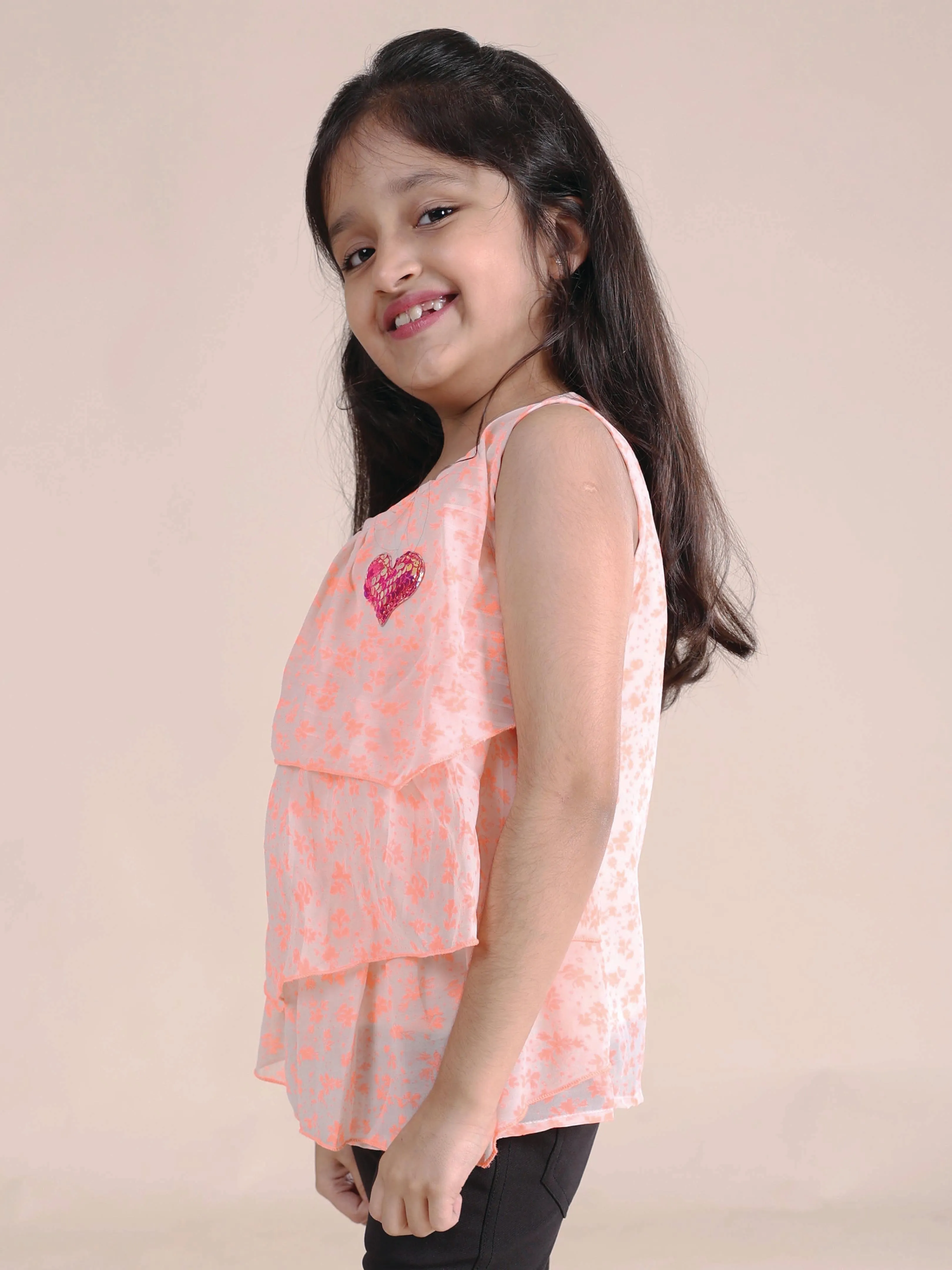 Girls Flower AOP Print Sleeveless Layered Top