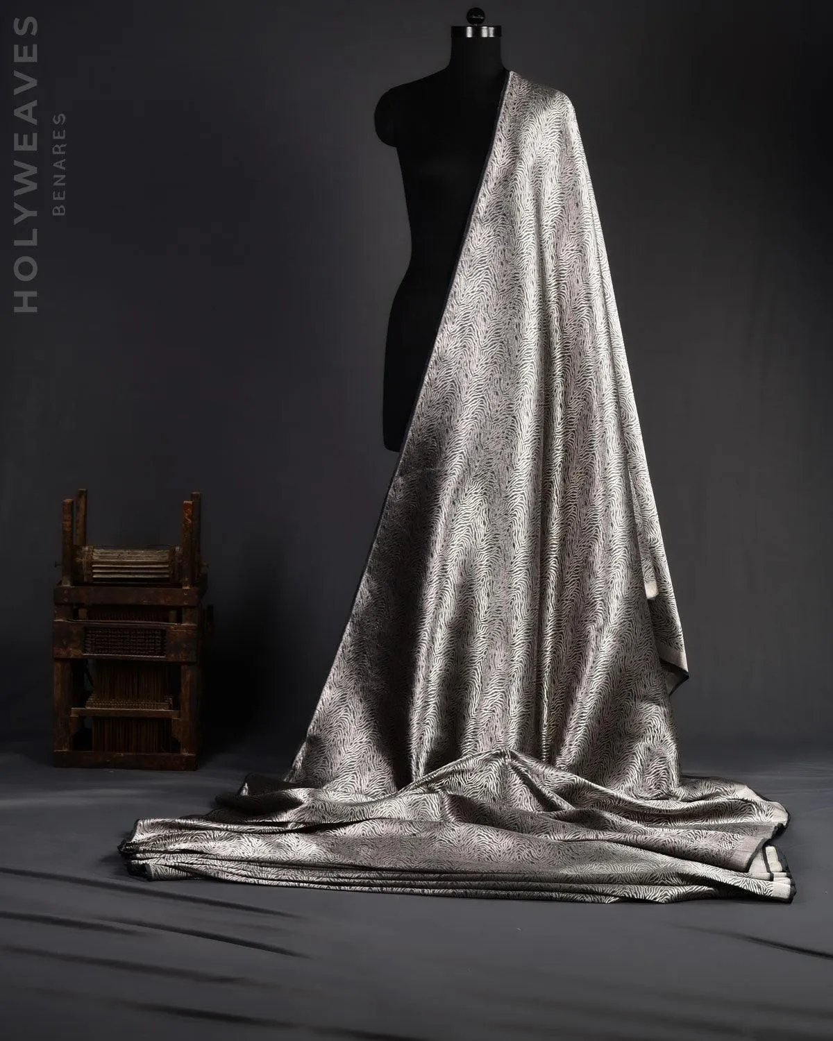 Gray Banarasi Silver Zari Tiger Stripes Brocade Handwoven Katan Silk Fabric