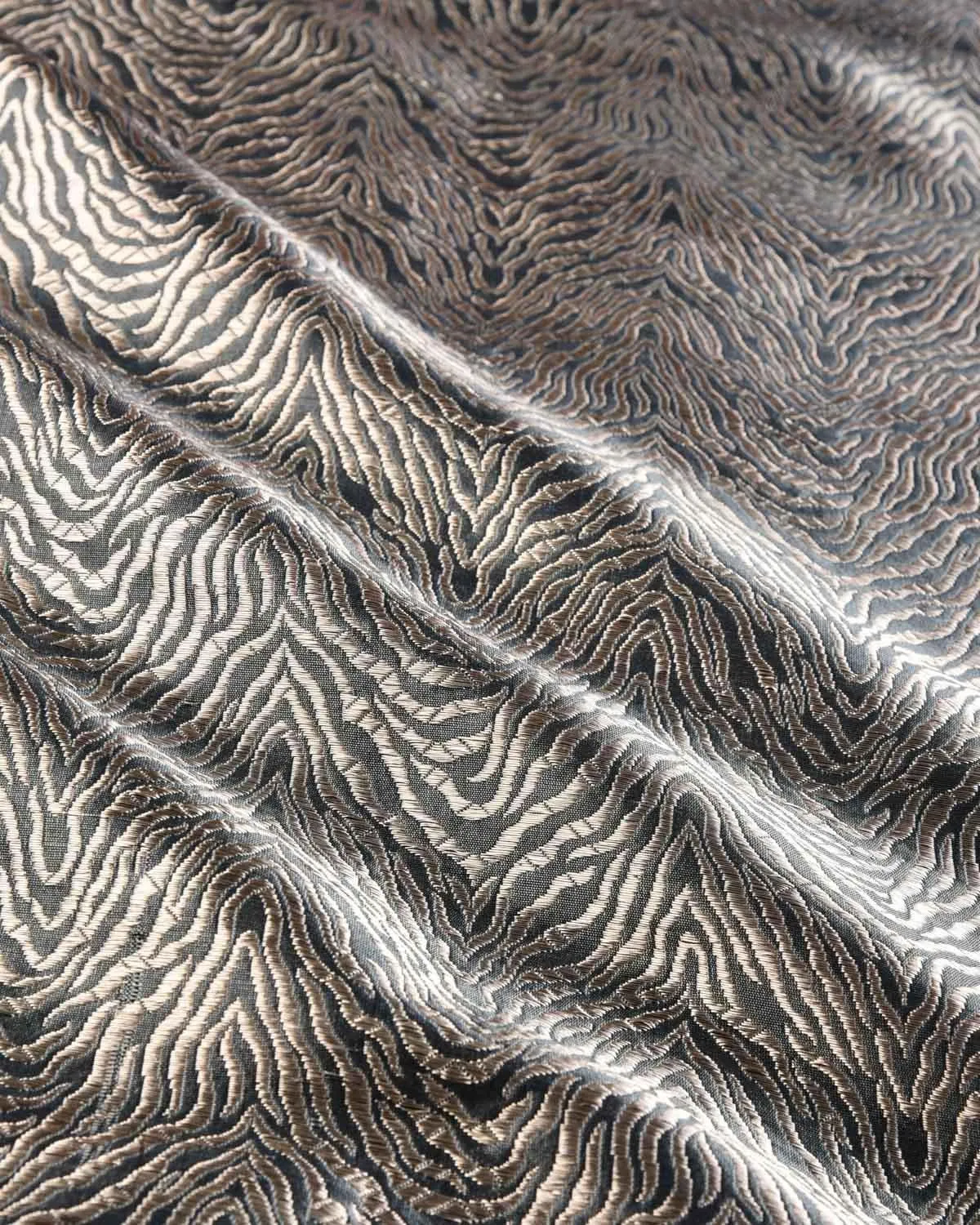 Gray Banarasi Silver Zari Tiger Stripes Brocade Handwoven Katan Silk Fabric