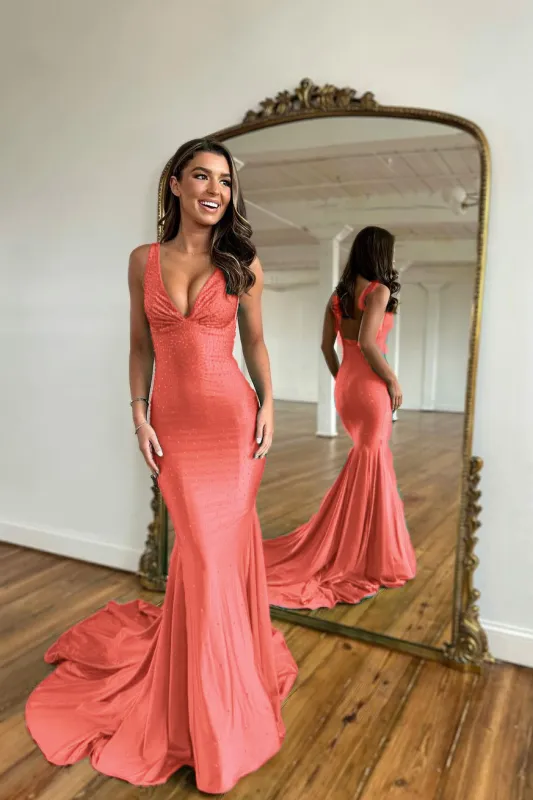 Green Prom Dress with Wide Shoulder V Neck Long Mermaid with Bead Embellishments