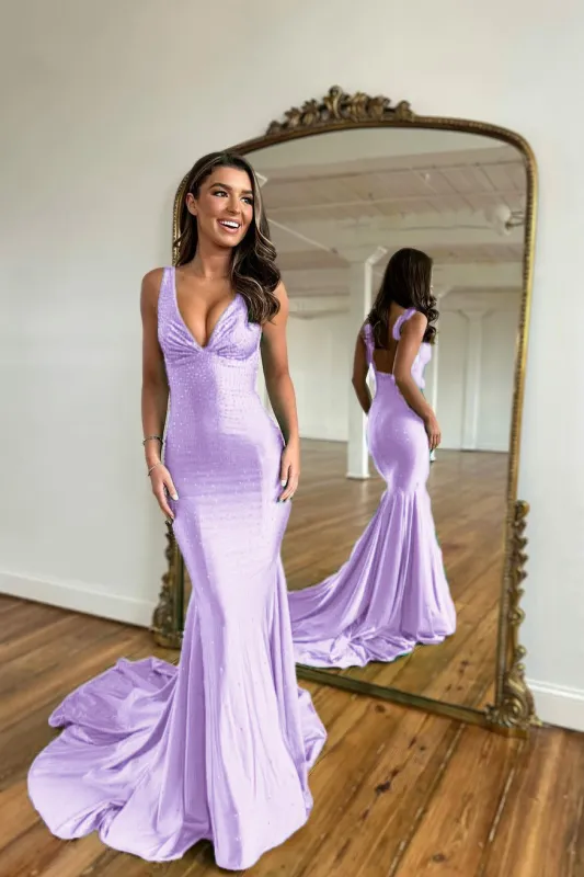 Green Prom Dress with Wide Shoulder V Neck Long Mermaid with Bead Embellishments