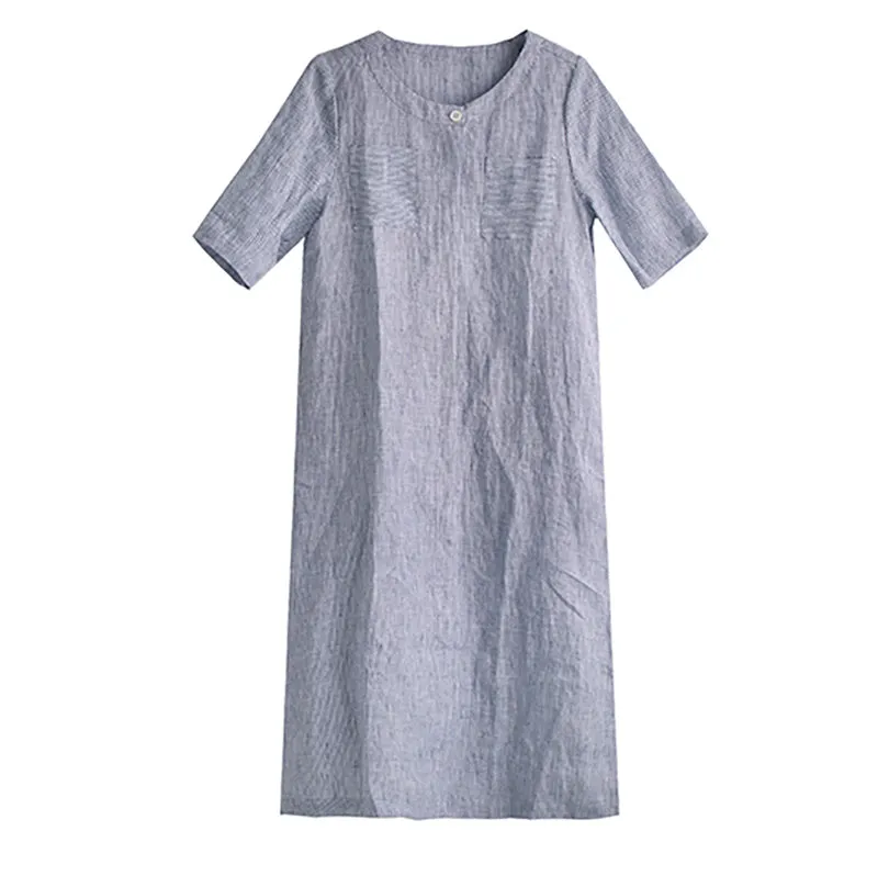 Grey Linen Women Dresses  3/4 Sleeves V Neck Spring Summer Women Dresses XH9662