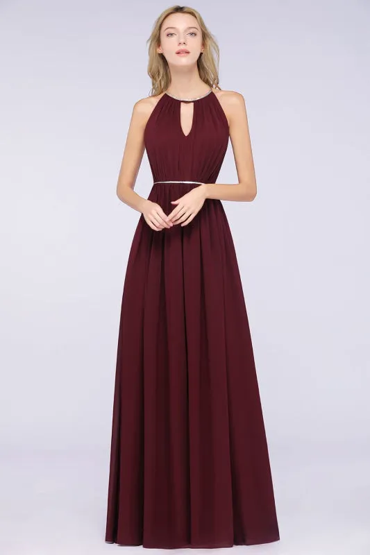 Halter Burgundy Bridesmaid Dress Long with Beadings