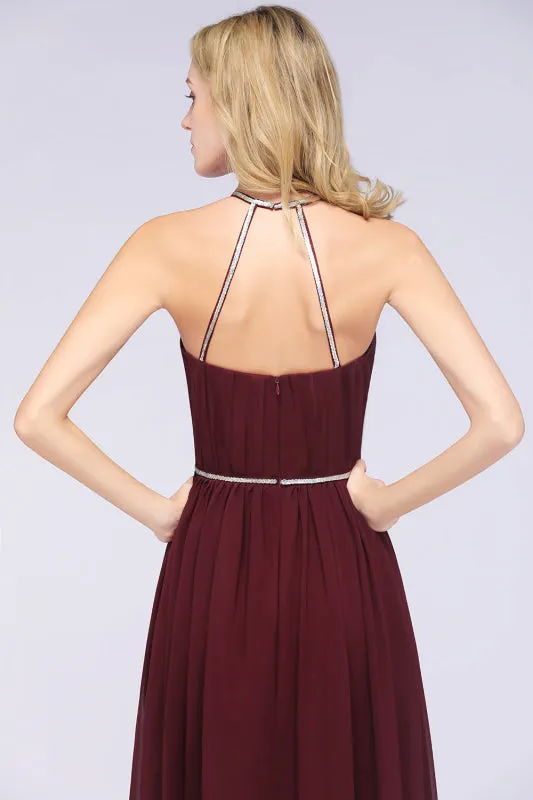 Halter Burgundy Bridesmaid Dress Long with Beadings
