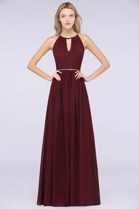 Halter Burgundy Bridesmaid Dress Long with Beadings