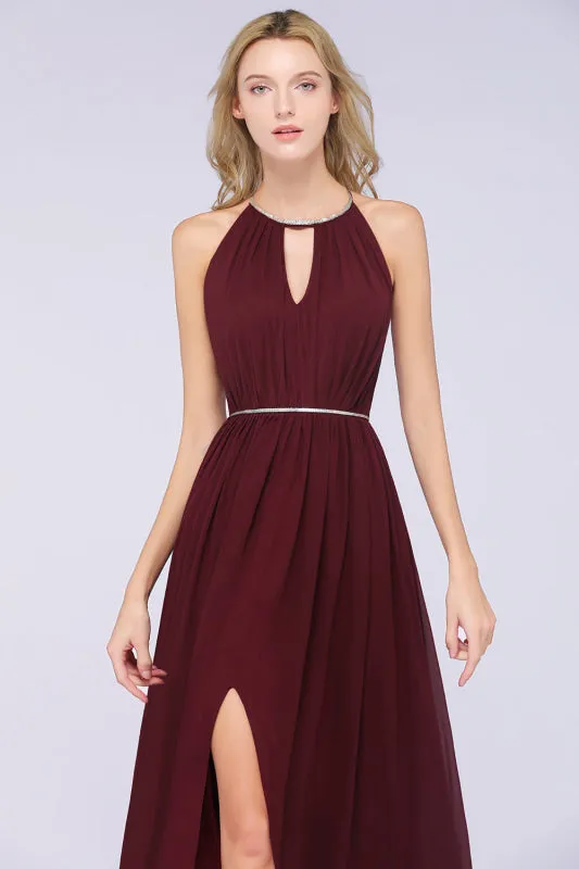 Halter Burgundy Bridesmaid Dress Long with Beadings