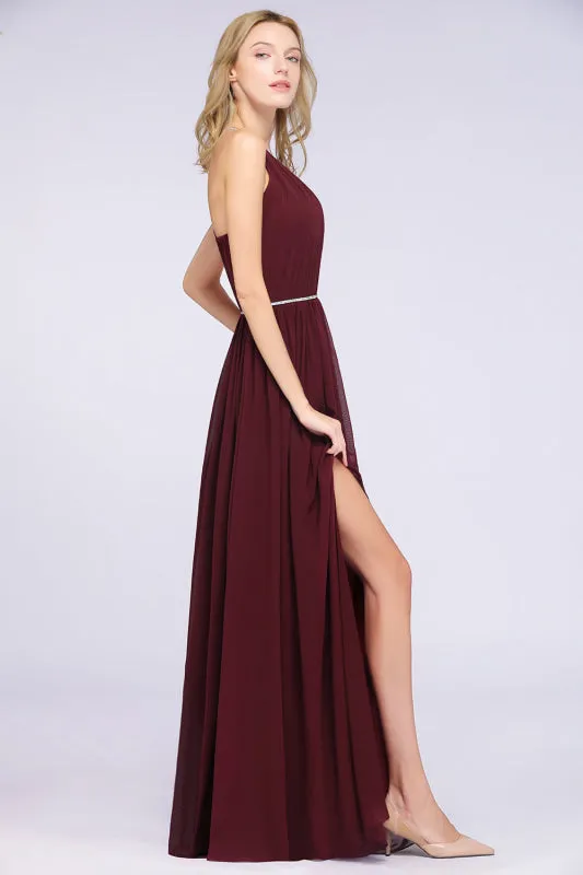 Halter Burgundy Bridesmaid Dress Long with Beadings
