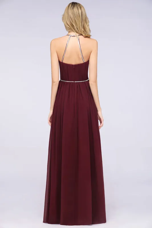 Halter Burgundy Bridesmaid Dress Long with Beadings