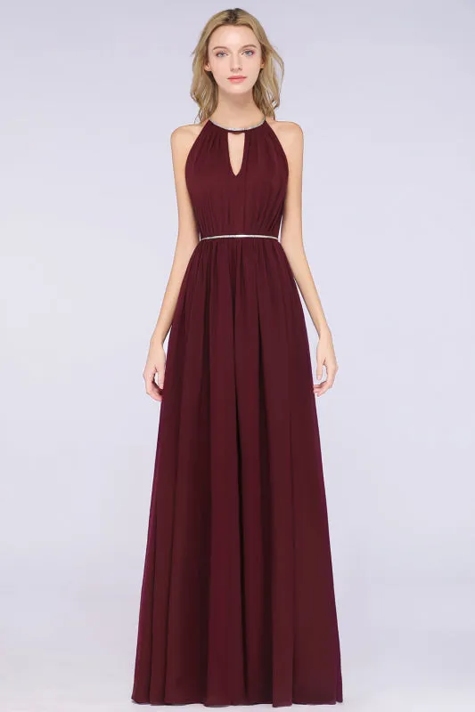 Halter Burgundy Bridesmaid Dress Long with Beadings