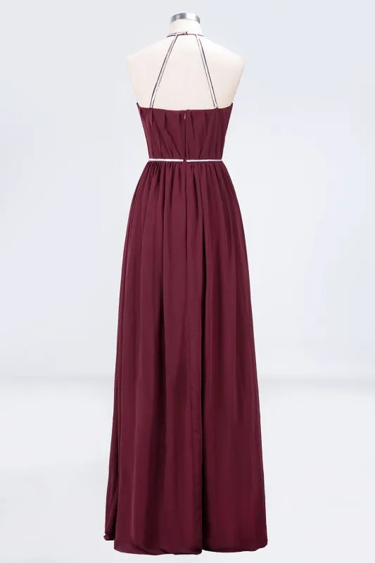 Halter Burgundy Bridesmaid Dress Long with Beadings