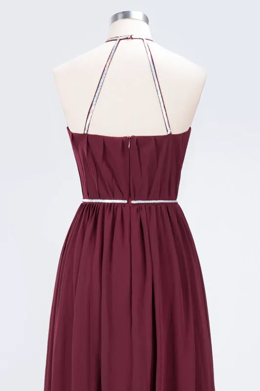 Halter Burgundy Bridesmaid Dress Long with Beadings