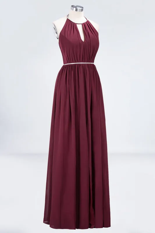 Halter Burgundy Bridesmaid Dress Long with Beadings