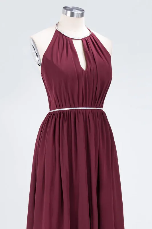Halter Burgundy Bridesmaid Dress Long with Beadings