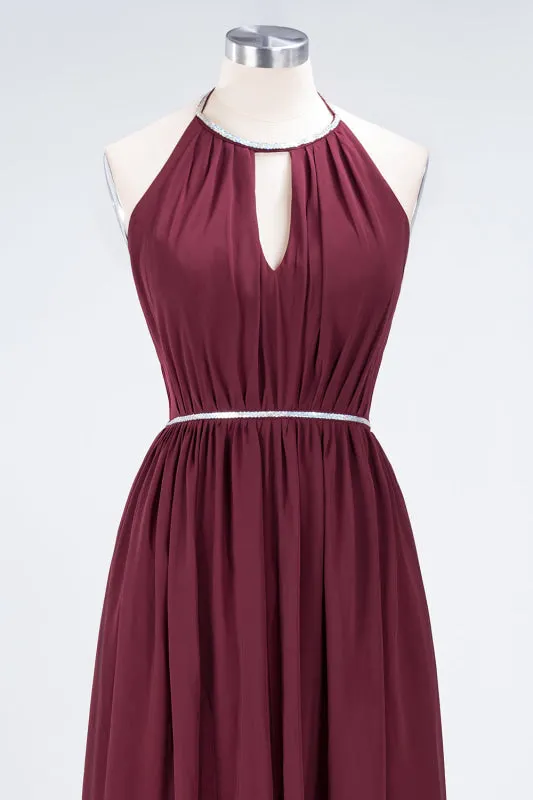 Halter Burgundy Bridesmaid Dress Long with Beadings