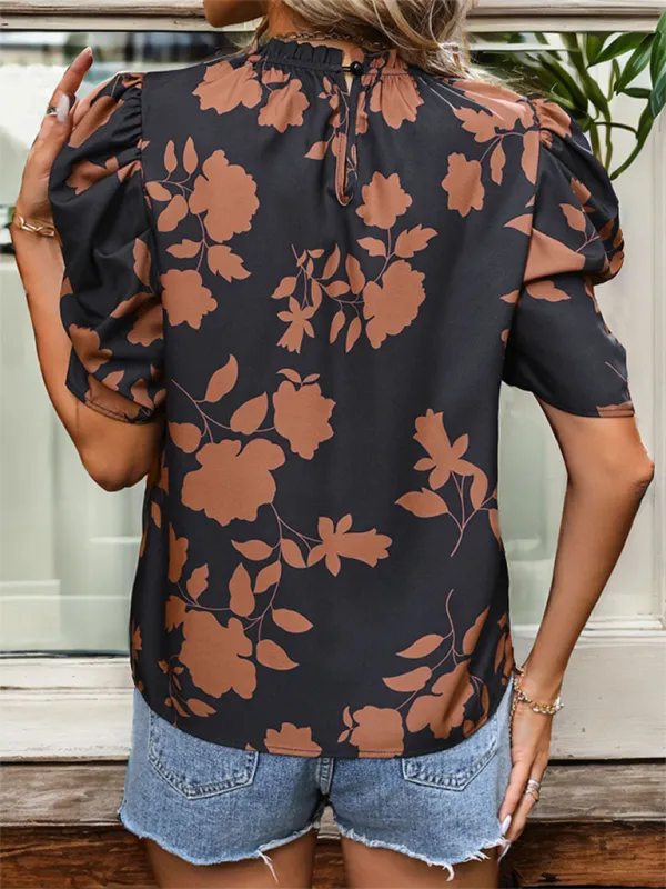 Horseshoe Sleeves and Elegant Shirt - Printed Round Neck
