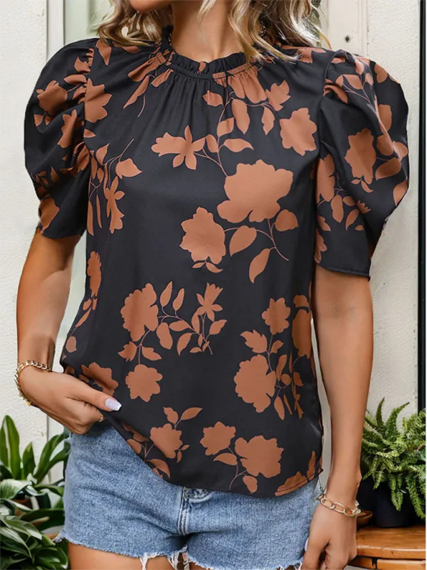 Horseshoe Sleeves and Elegant Shirt - Printed Round Neck