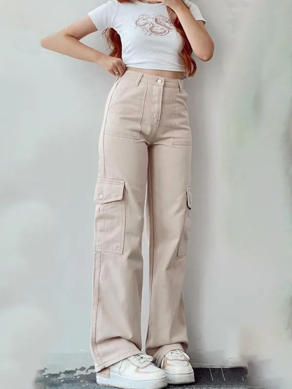 Isabella Versatile casual pants, mid-rise three-dimensional pocket trousers, waist-cinching overalls