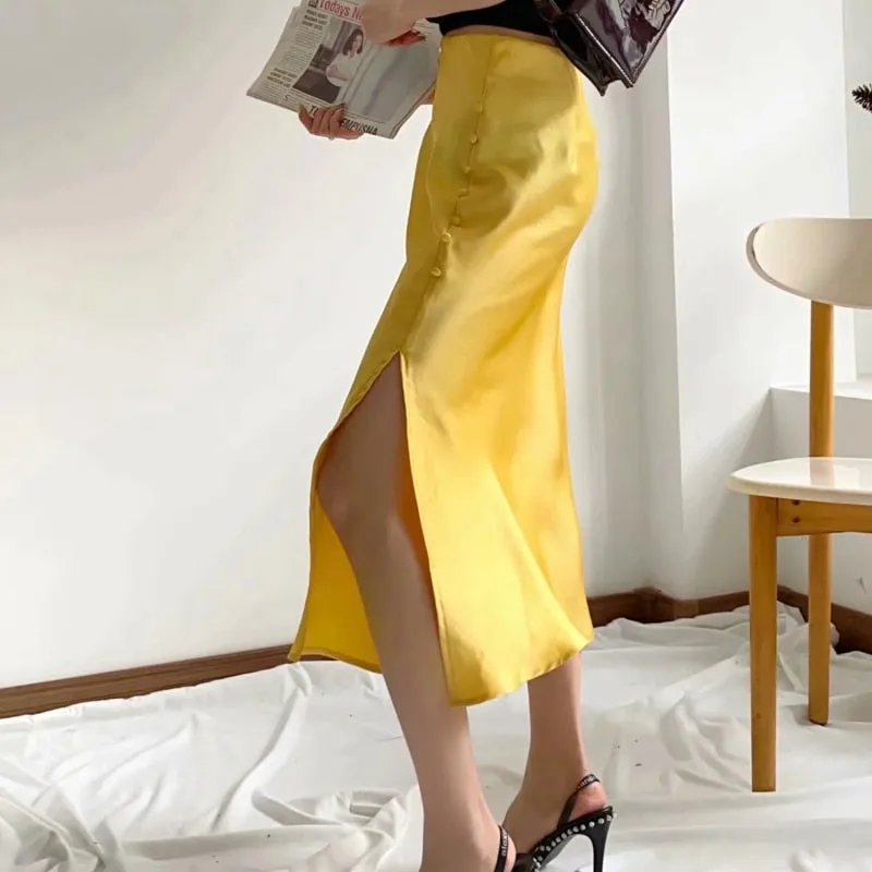 Jayne Satin Side Slit Midi Skirts