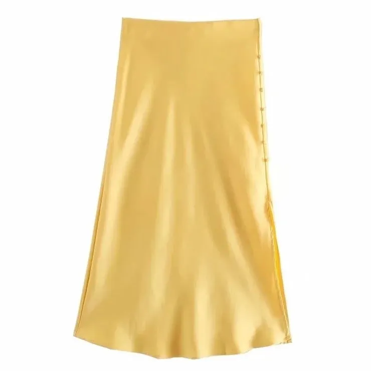 Jayne Satin Side Slit Midi Skirts