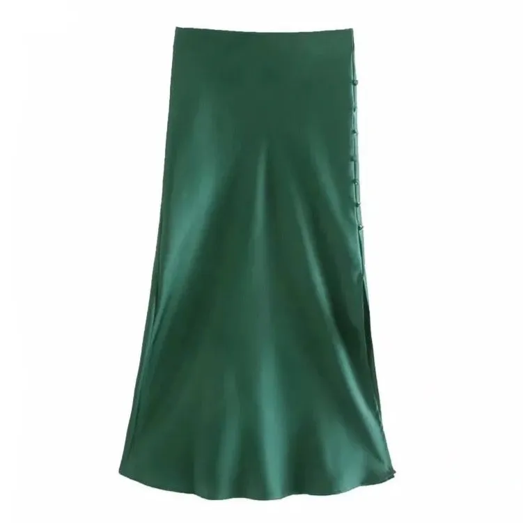 Jayne Satin Side Slit Midi Skirts