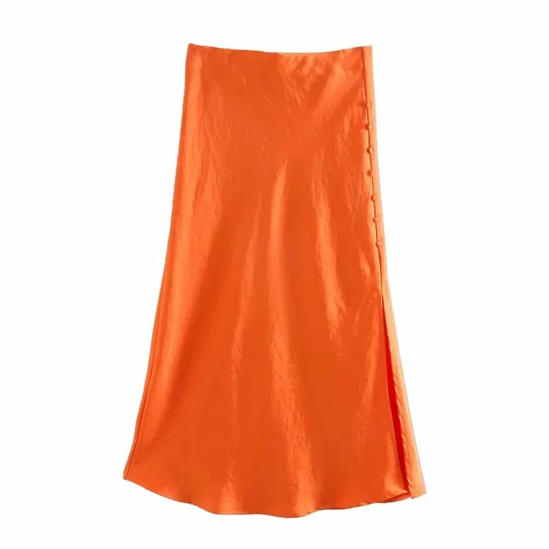 Jayne Satin Side Slit Midi Skirts