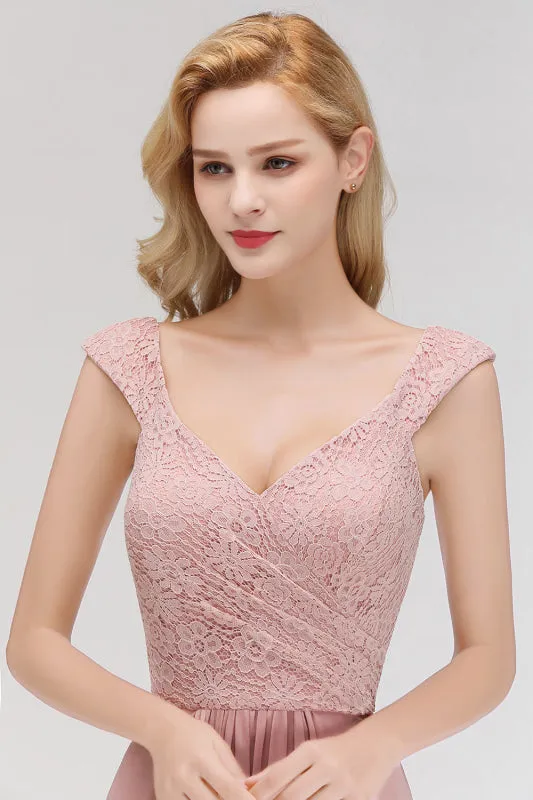 Lace Chiffon A-line Modest Dusty Pink Bridesmaid Dress