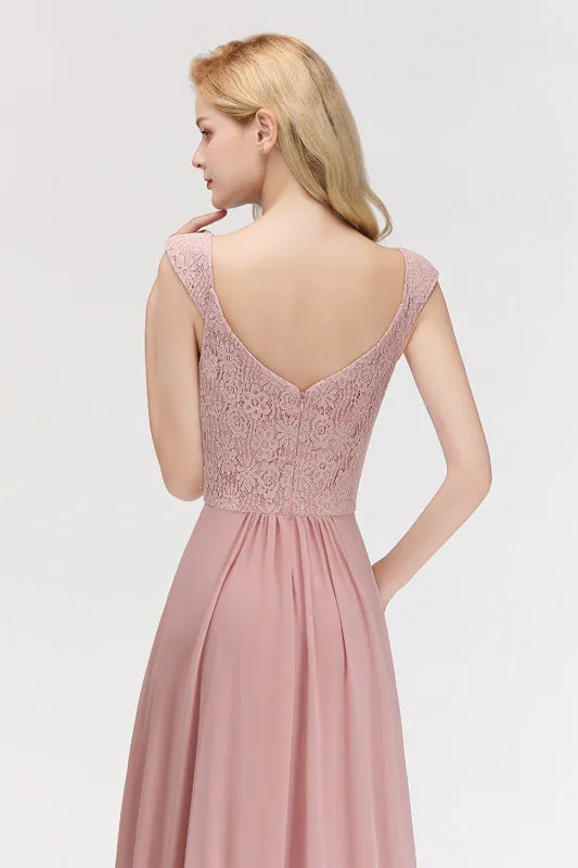 Lace Chiffon A-line Modest Dusty Pink Bridesmaid Dress