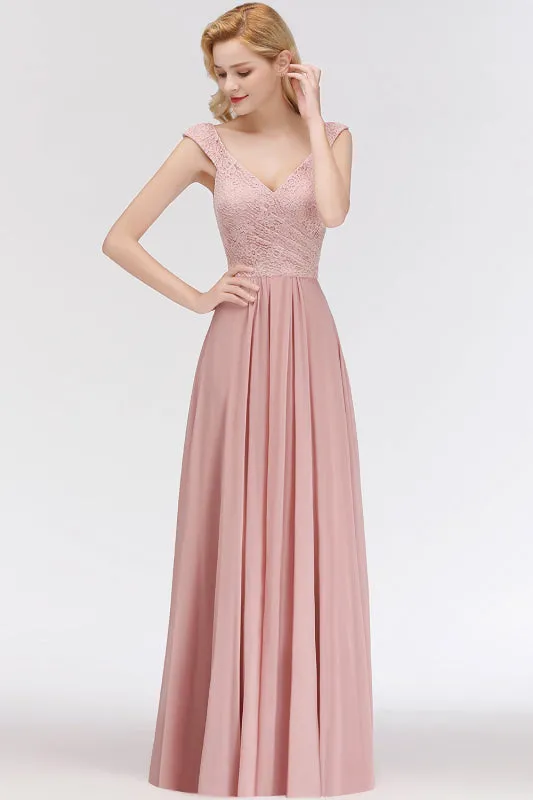 Lace Chiffon A-line Modest Dusty Pink Bridesmaid Dress