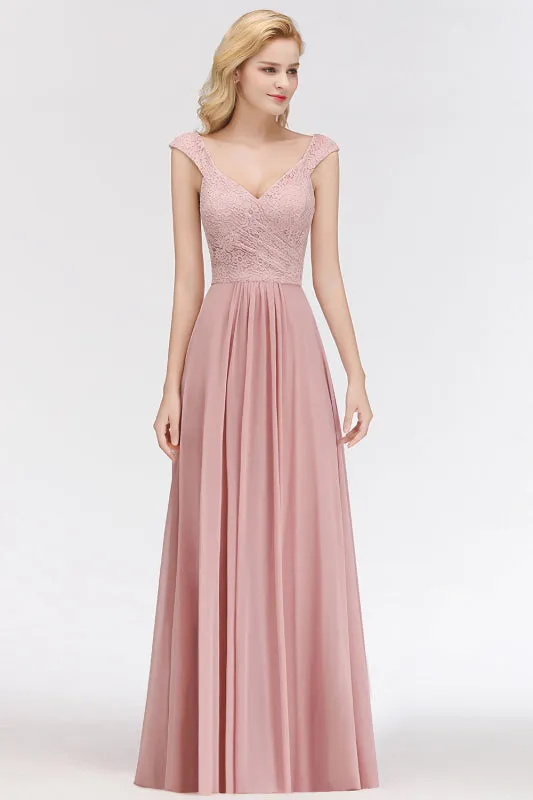 Lace Chiffon A-line Modest Dusty Pink Bridesmaid Dress