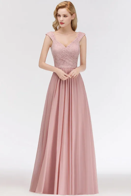 Lace Chiffon A-line Modest Dusty Pink Bridesmaid Dress