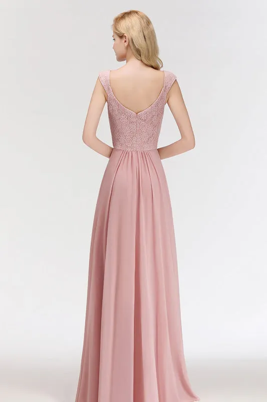 Lace Chiffon A-line Modest Dusty Pink Bridesmaid Dress