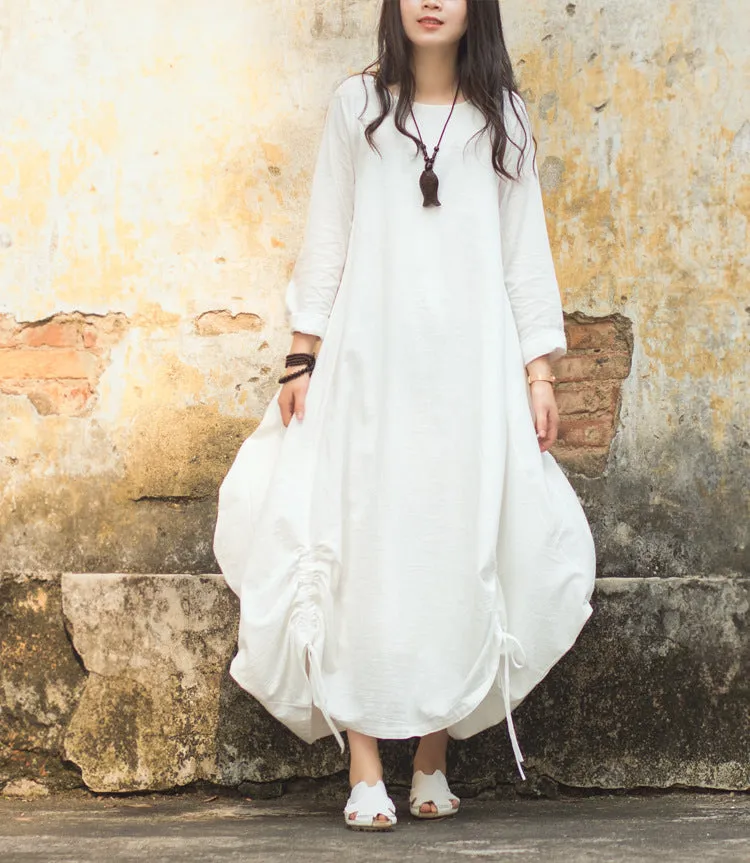Loose Bud Style Drawstring Hem Linen Cotton Spring Women Dresses CH90410