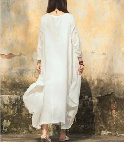 Loose Bud Style Drawstring Hem Linen Cotton Spring Women Dresses CH90410