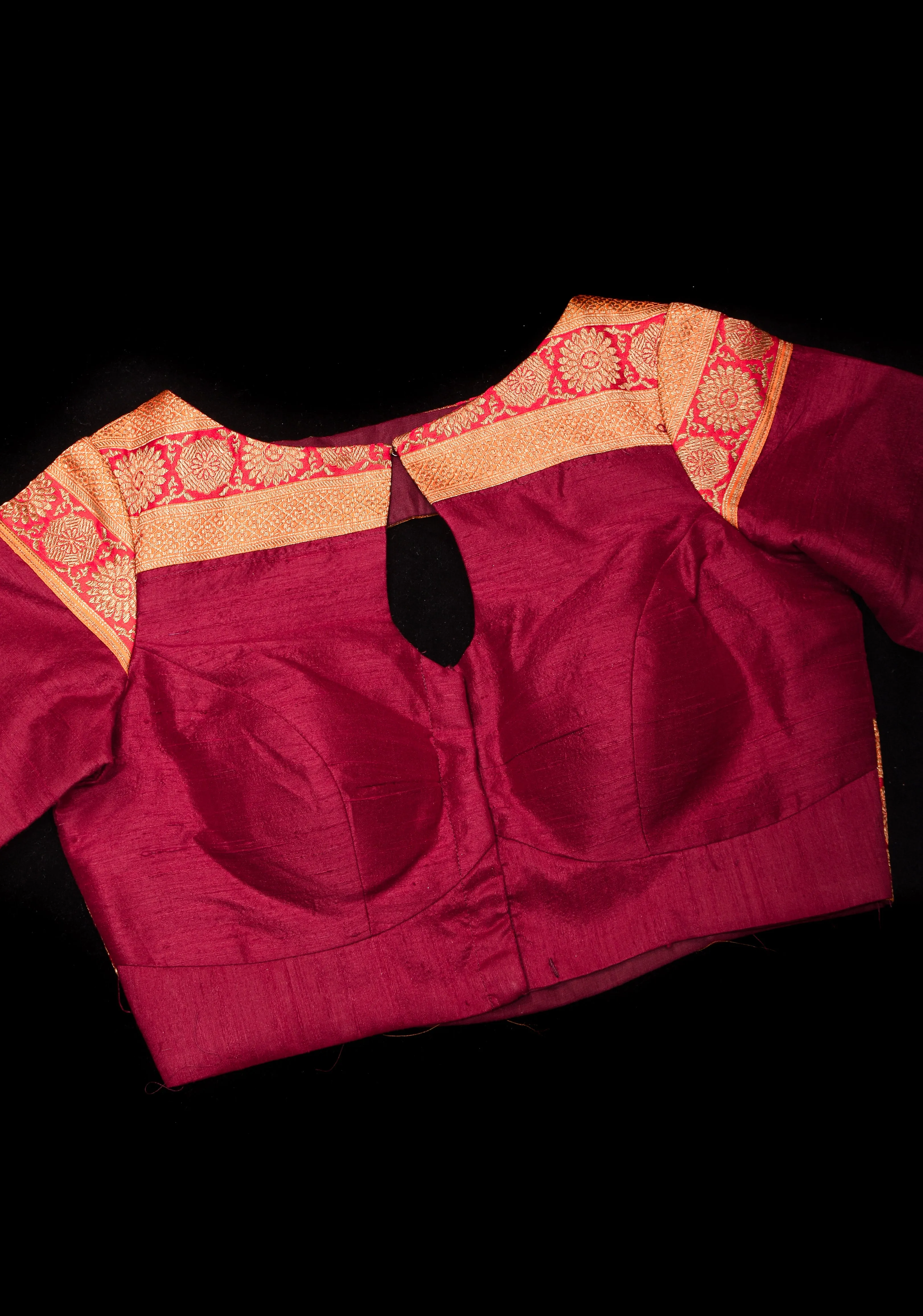 Maroon Pure Raw Silk Blouse With Antique Tone Zari Panel, Customizable, Made to Order