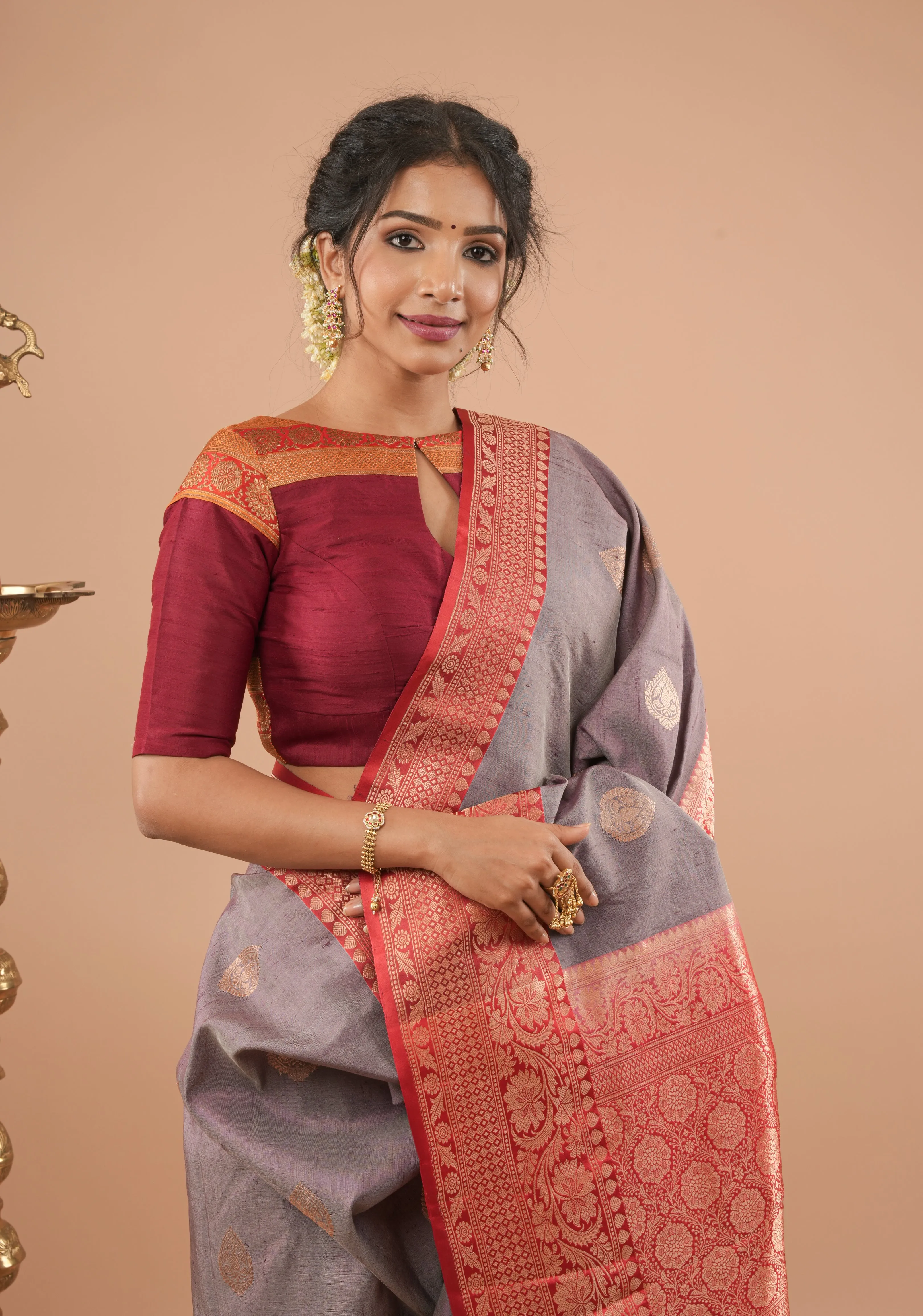 Maroon Pure Raw Silk Blouse With Antique Tone Zari Panel, Customizable, Made to Order