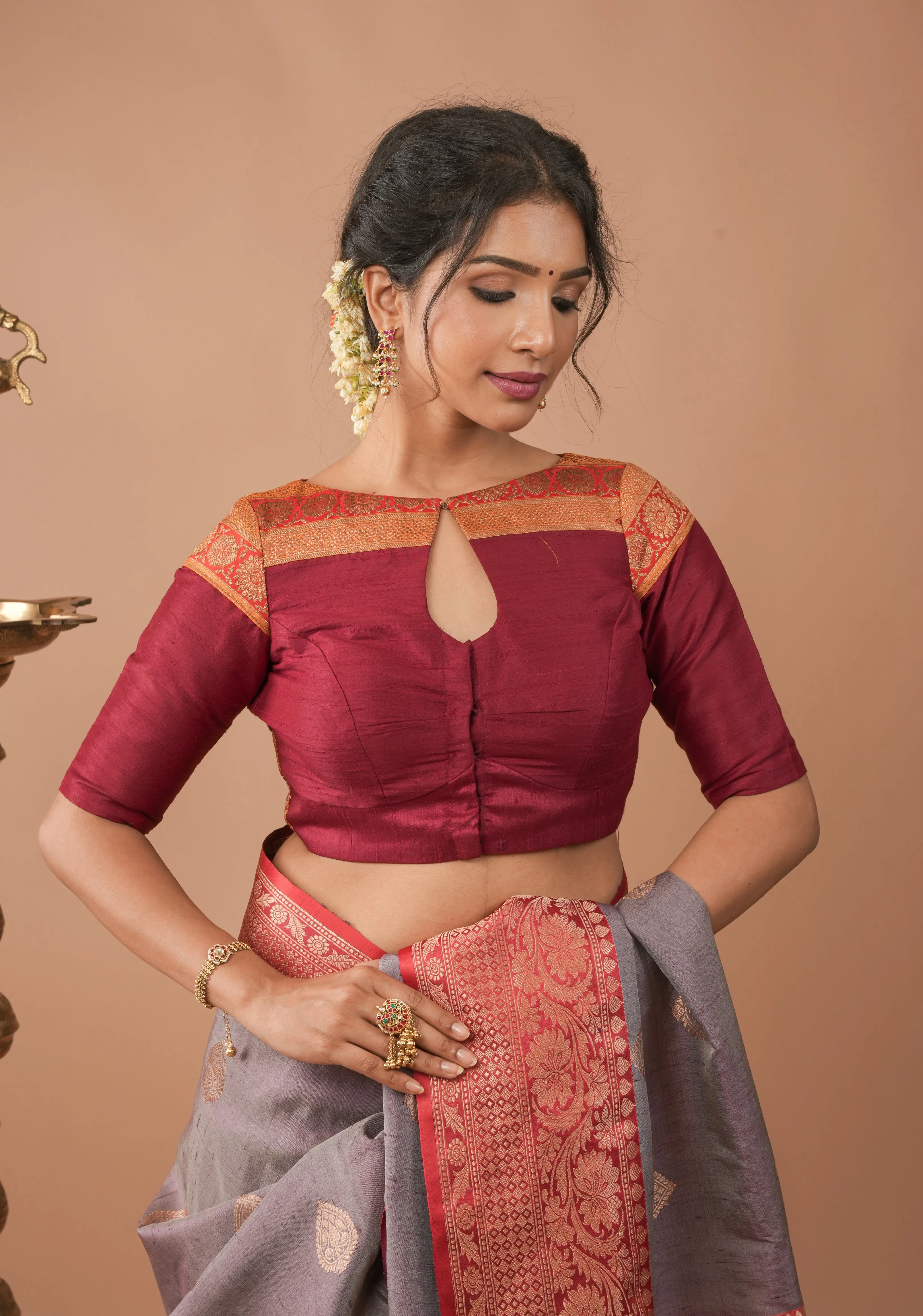Maroon Pure Raw Silk Blouse With Antique Tone Zari Panel, Customizable, Made to Order