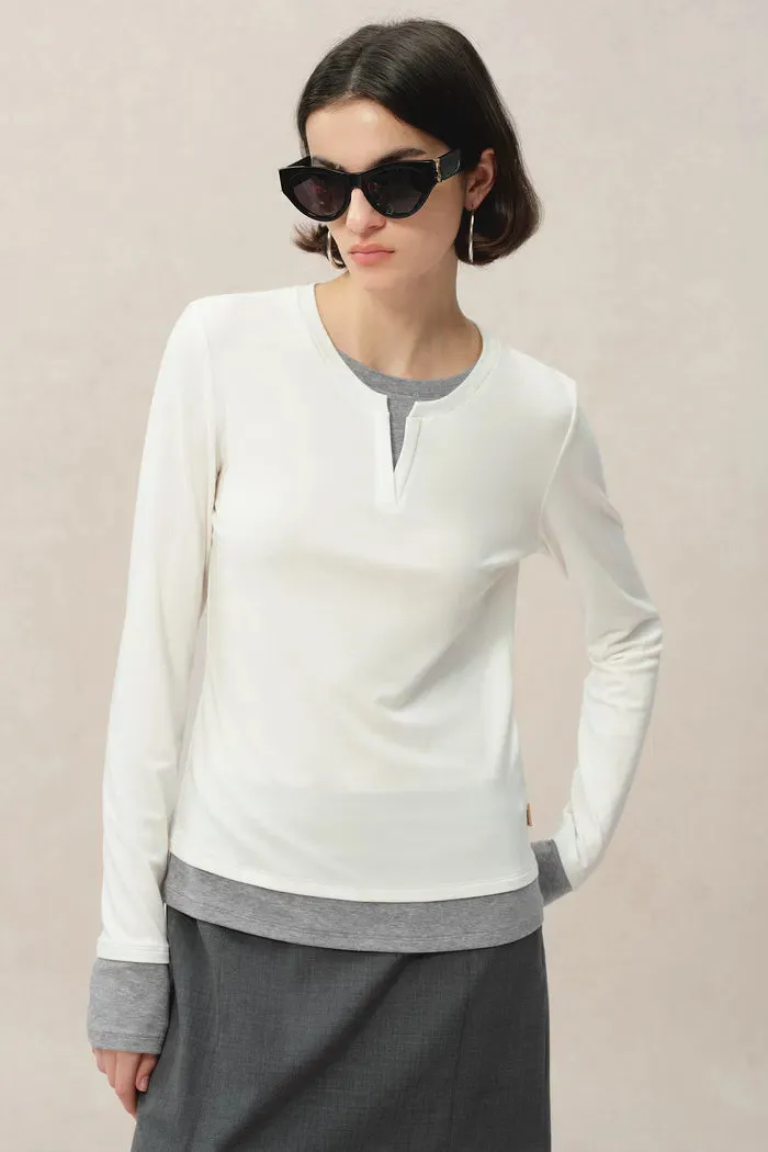 Maya White and Grey Layered Look Block Top in Tencel-Merino Tech