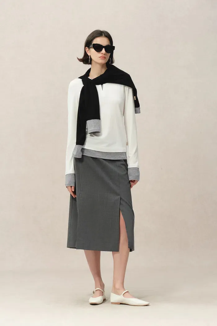 Maya White and Grey Layered Look Block Top in Tencel-Merino Tech