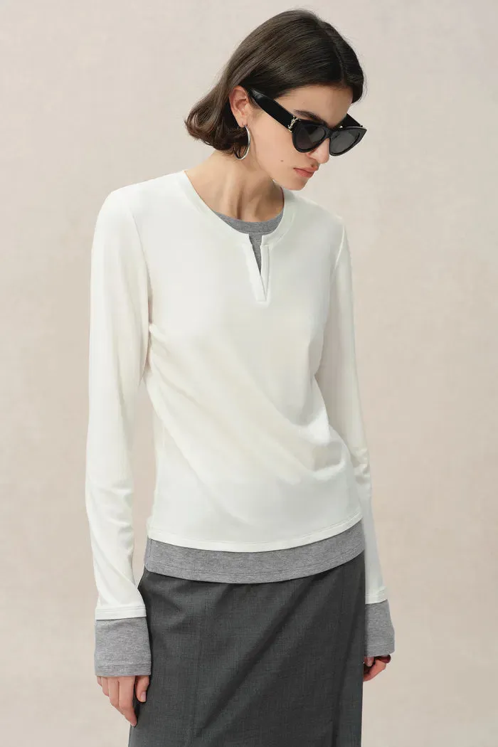 Maya White and Grey Layered Look Block Top in Tencel-Merino Tech