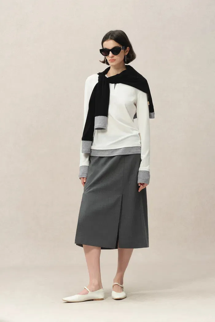 Maya White and Grey Layered Look Block Top in Tencel-Merino Tech