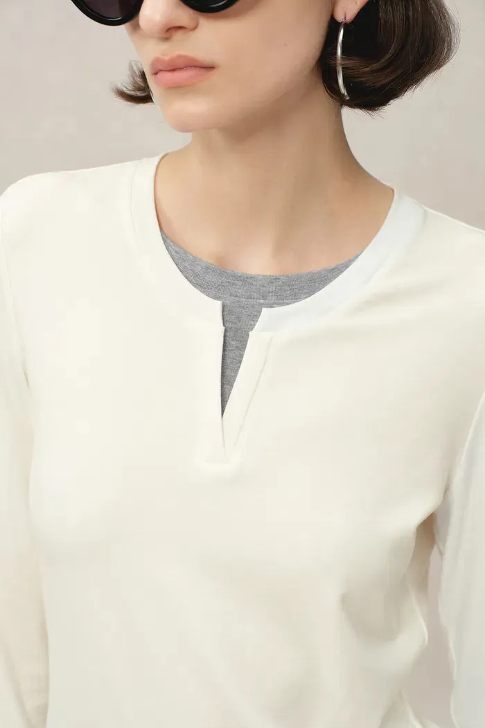 Maya White and Grey Layered Look Block Top in Tencel-Merino Tech