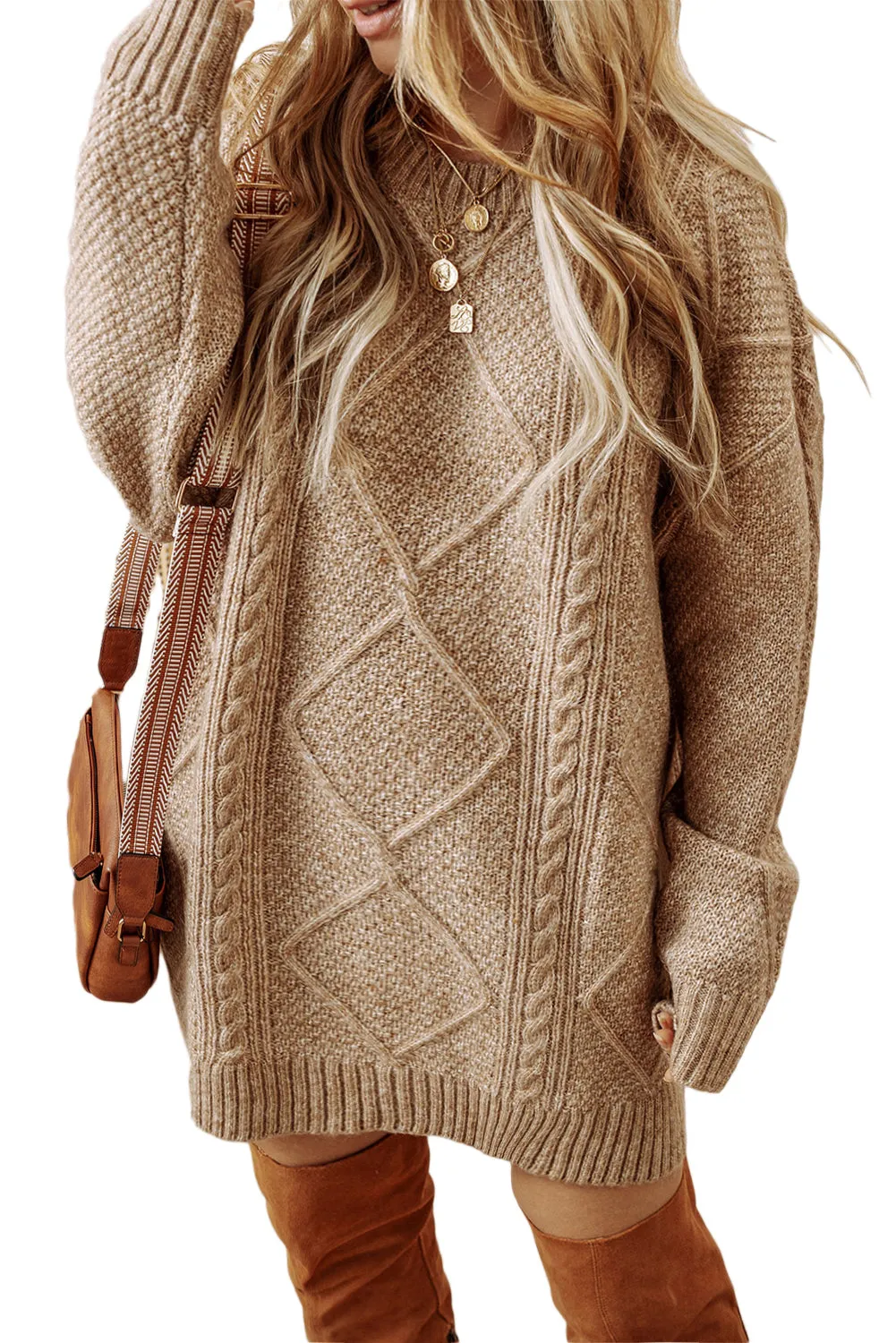 Parchment Cable Knit Drop Shoulder Loose Fit Sweater Dress