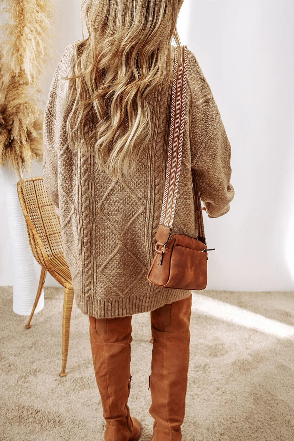 Parchment Cable Knit Drop Shoulder Loose Fit Sweater Dress