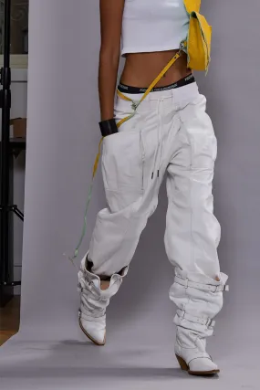 PLEATED POCKET STRAIGHT LEG LEATHER PANT - CRACKLE WHITE