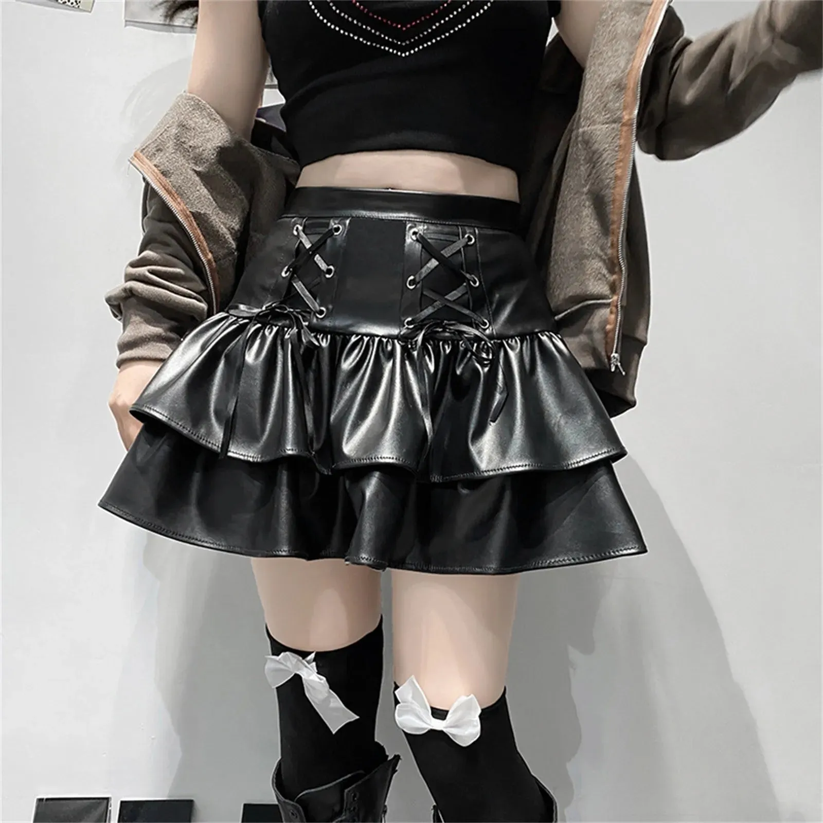 Punk Mini Sexy High Waist Black Ruffles Bandage Aesthetic Gothic Cake Streetwear Y2K Skirt