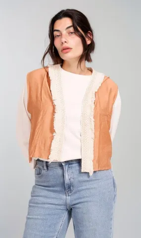 R204594 - Linen Hooded Sleeveless Vest - Beige & Brown