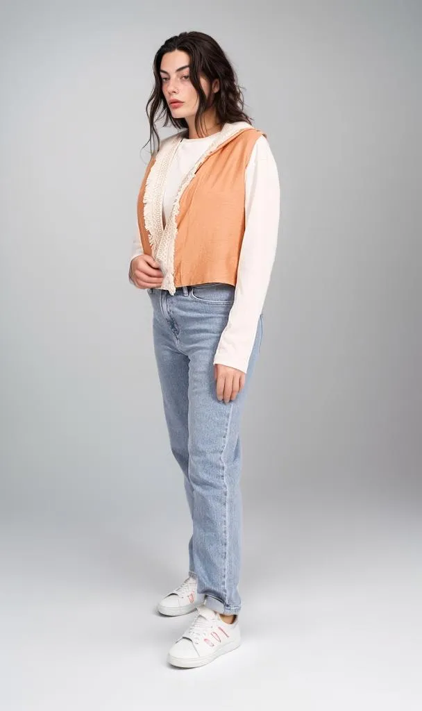 R204594 - Linen Hooded Sleeveless Vest - Beige & Brown