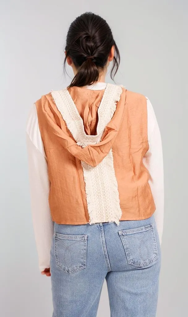 R204594 - Linen Hooded Sleeveless Vest - Beige & Brown